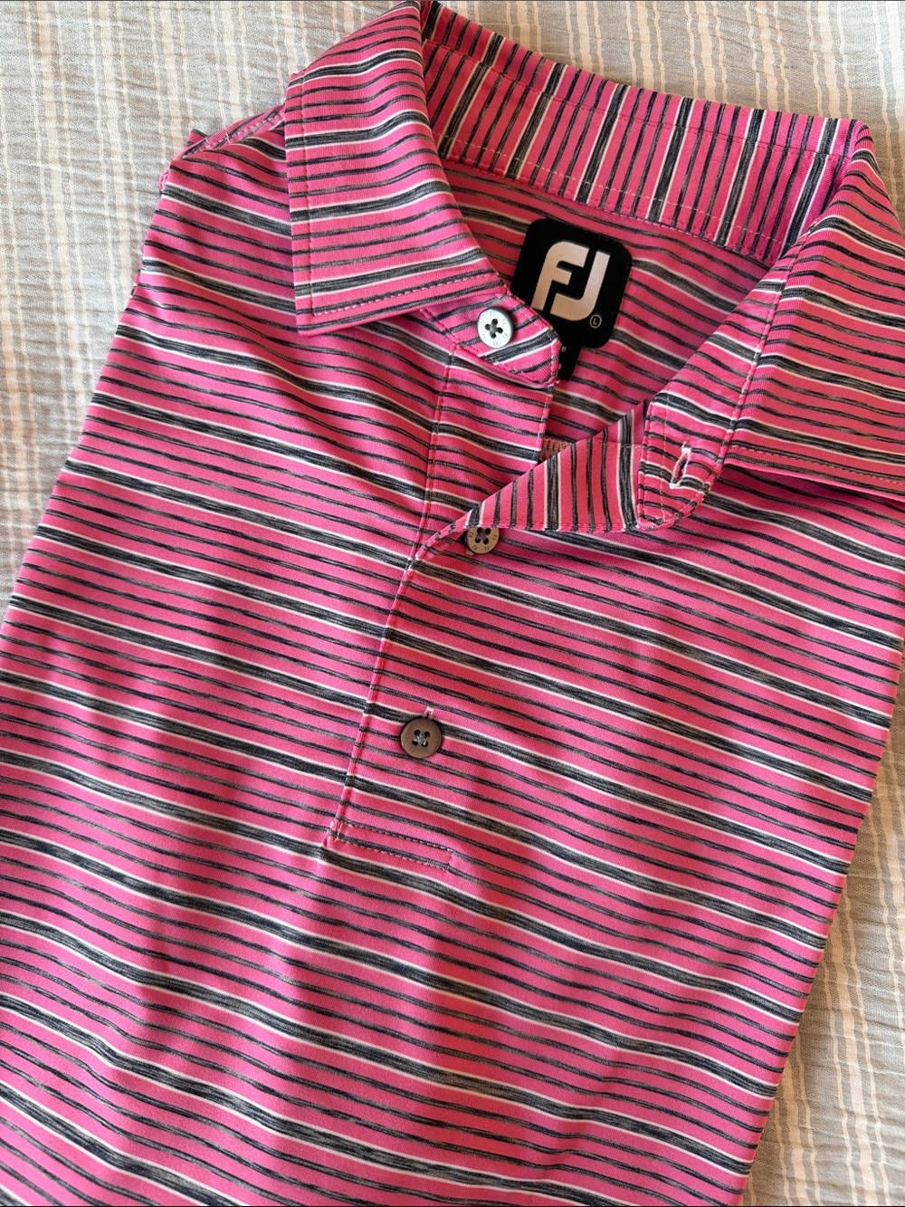 FootJoy Men’s Performance Polo in Pink, Navy & White Striped Size L